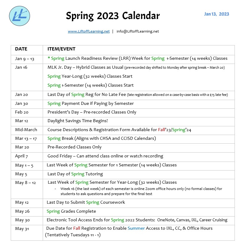 Calendar – Liftoff Learning